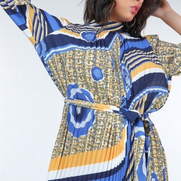 Women's Mellow Yellow Pleated Print Midi Beautiful Dress For Valentine NWT - Picture 4 of 5